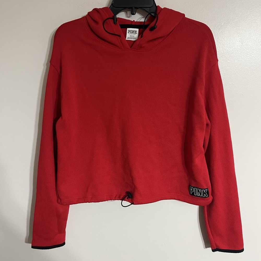 PINK Victoria's Secret Crop Knit Hoodie‎ Red  Sweater Pullover Top Size Medium